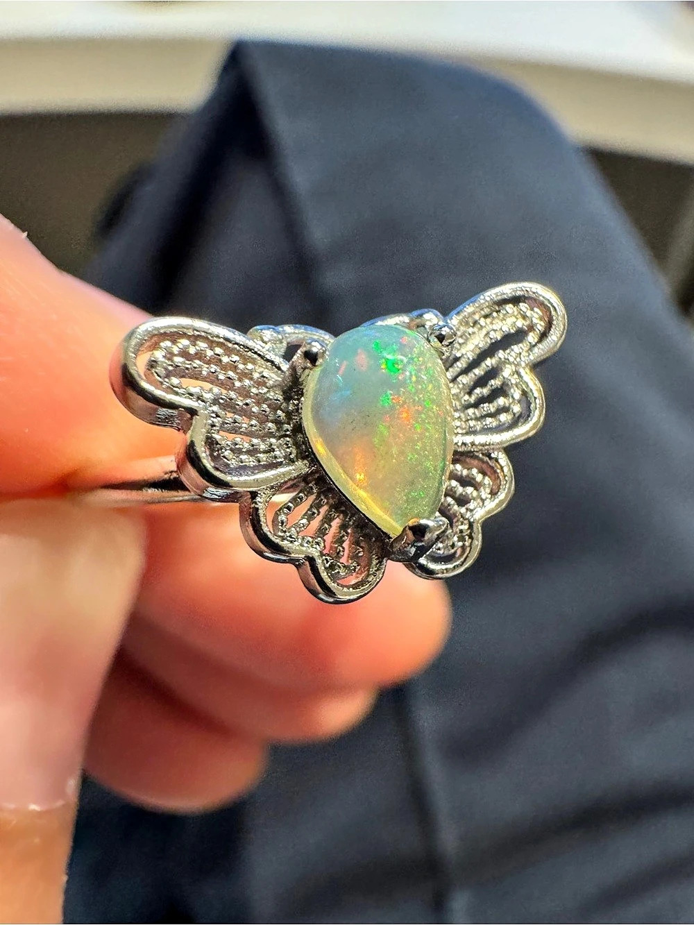 Ethiopian OPAL Butterfly Ring in Silver & Green